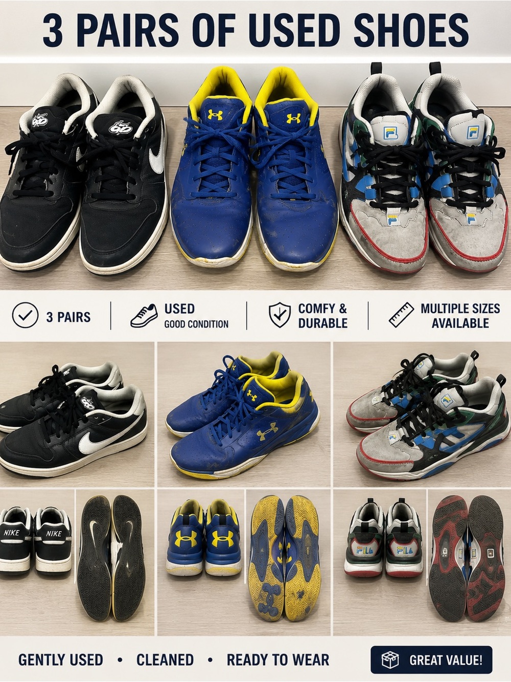 3 pairs of used kids shoes-Nike Kids Blue & Yellow Basketball Sneakers & black